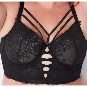 NWT CACIQUE BRA 44D BLACK LACE BOW LINGERIE SERIOUSLY SEXY STRAPPY VALENTINES